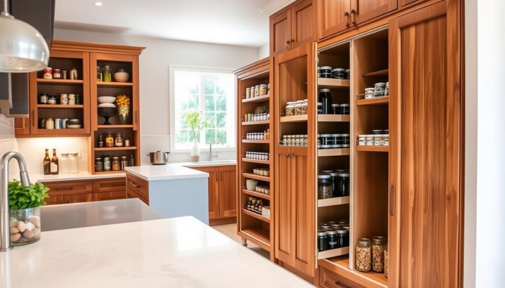A bright, modern kitchen showcases pull-out pantry shelves filled with neatly organized jars and cans. In the foreground, a wooden cabinet reveals several shelves sliding out smoothly, demonstrating easy access to all items. The middle ground features a well-designed kitchen island with a sleek countertop, complementing the cabinetry. In the background, natural light streams in through a window, highlighting the fresh herbs on the windowsill and adding warmth to the space. The overall atmosphere is inviting and functional, emphasizing the practicality and efficiency of pull-out shelving in enhancing kitchen organization. Use a wide-angle view to capture the full layout, with soft, warm lighting to create a cozy, homey vibe.