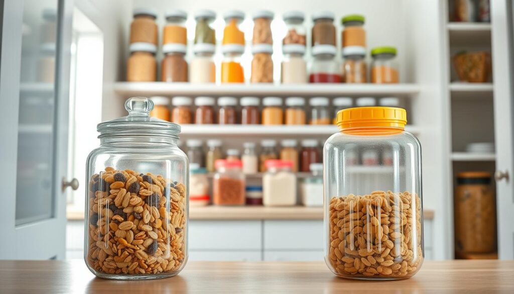 A bright, organized pantry scene featuring a side-by-side comparison of glass and plastic storage jars. In the foreground, there are two open jars filled with colorful pantry staples, such as grains, nuts, and dried fruits. The glass jar on the left has a clean, elegant design with a shiny lid, while the plastic jar on the right is lightweight and comes in a variety of bright colors. In the middle ground, the shelves are neatly aligned, showcasing a variety of jars of different sizes and shapes, creating a harmonious display. The background depicts a well-lit kitchen with soft, natural light streaming through a window, casting gentle shadows that enhance the neatness of the pantry. The overall atmosphere is inviting, encouraging viewers to consider the benefits of each jar type for their kitchen organization solutions.