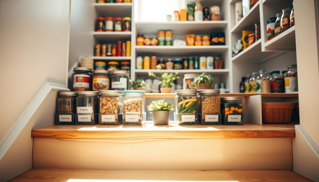 A bright, organized pantry staircase with tiered step organizers, showcasing a variety of neatly arranged canned goods and pantry items. In the foreground, a well-worn wooden step with a sunbeam lighting it up, casting soft shadows. In the middle ground, several clear containers with labels displaying the contents, along with a few decorative plants for a cozy touch. The background features shelves filled with vibrant food items, with the focus on a clean, decluttered environment. The angle is slightly elevated, capturing the depth of the stairs and the tiered organizers. The atmosphere is fresh and inviting, conveying a sense of accomplishment and organization, emphasizing the importance of a tidy pantry for effective storage solutions.