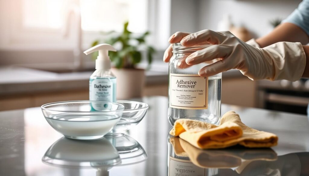 A clean, pristine glass surface on a kitchen countertop, gleaming under soft, diffused natural light. In the foreground, a pair of gloved hands carefully place a variety of items: a small bowl of warm soapy water, a bottle of adhesive remover, and a soft cloth, creating a clean and organized scene. The middle ground features a glass jar with a stubborn sticky label residue, clearly visible, as a testament to the task at hand. In the background, a blurred kitchen setting with subtle hints of greenery from a potted plant adds a calming ambiance. The overall mood is one of preparation and efficiency, inviting the viewer to engage with the cleaning process. The focus is sharp on the jar and cleaning tools, with a slight depth of field effect to emphasize the cleaning action while ensuring a well-lit, professional appearance.