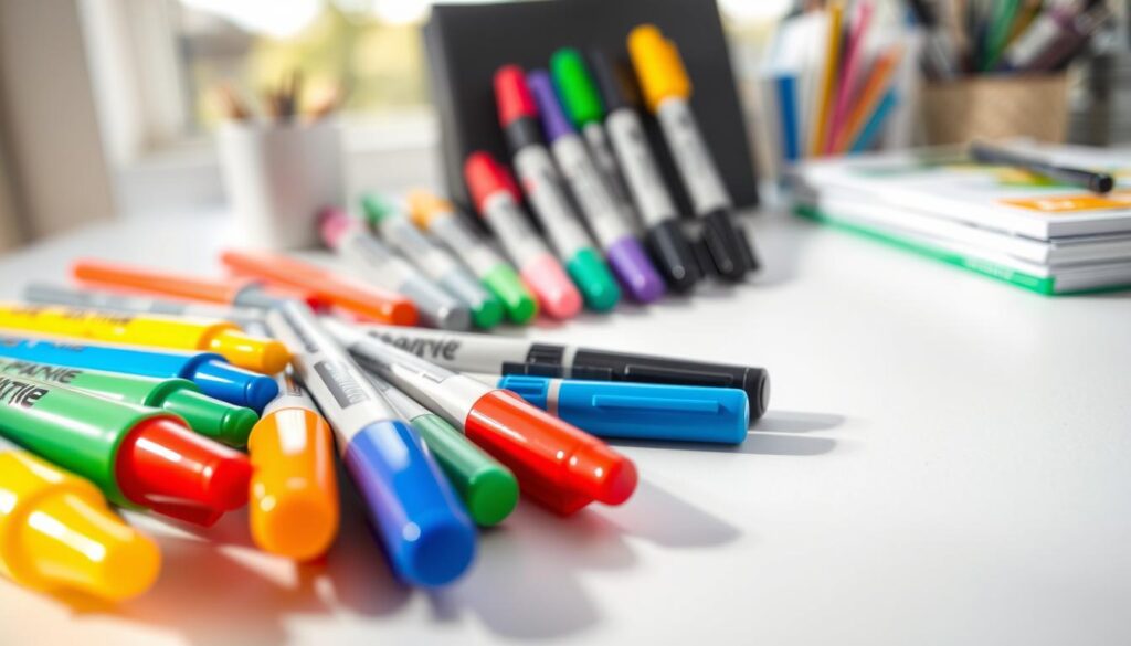 A close-up composition showcasing a variety of colorful markers, including paint pens and Sharpies, arranged artistically on a clean white surface. In the foreground, a selection of paint pens with vibrant hues like blue, red, and yellow, displaying their glossy finishes and angled tips. In the middle ground, a set of classic Sharpies in black, green, and bright colors, with their iconic fine tips distinguished against a soft blurred backdrop of a brightly lit workspace. The background features hints of organizational tools like notebooks and labels, enhancing the context of labeling tasks. The atmosphere is bright and cheerful, with natural light highlighting the colors of the markers, creating a vibrant and inviting scene ideal for quick decision-making.
