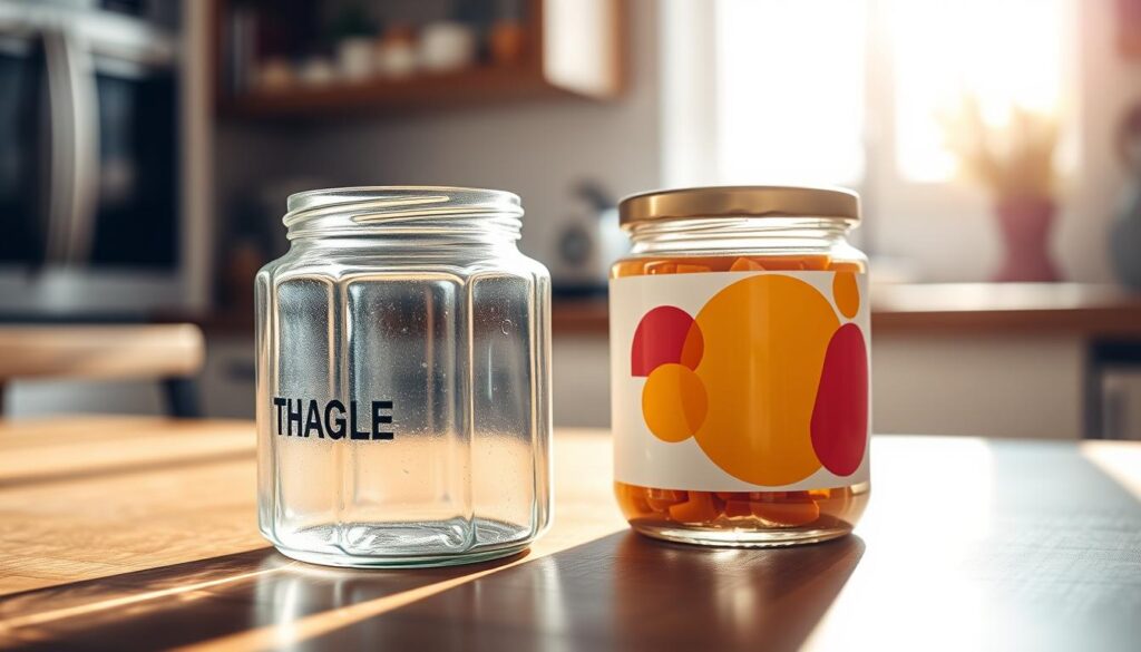 A close-up composition showcasing two glass jars on a wooden surface, side by side. On the left, a jar features a sleek transparent label allowing the contents to be partially visible, reflecting light softly, creating a modern and airy feel. On the right, a jar displays a bold opaque label that emphasizes vibrant colors and shapes, providing a sense of solidity and prominence. Bright natural light streams in from a nearby window, casting gentle shadows and enhancing the textures of the jars. A soft-focus background reveals a blurred kitchen setting, evoking a warm and inviting atmosphere. The overall mood is one of elegance and practicality, inviting viewers to consider the visual impacts of label choices on product appeal.