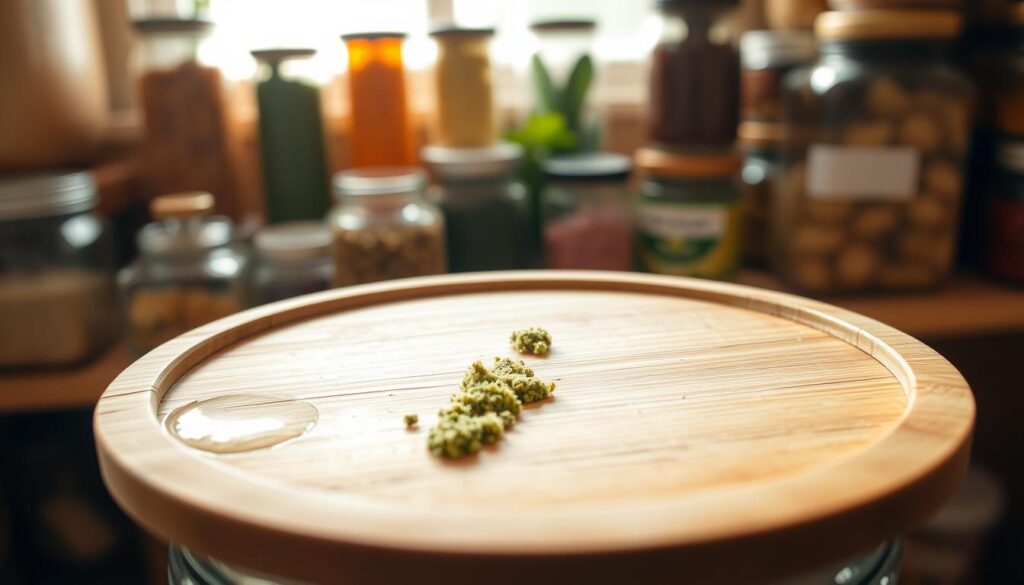A close-up image of a bamboo lid placed on a glass jar, highlighting the meticulous details of the bamboo texture. The foreground features a slightly opened bamboo lid with soft condensation forming underneath to suggest moisture. In the middle, a few small patches of green mold are visible on the rim of the lid, emphasizing the potential mold issue. The background features a softly blurred pantry shelf with various jars and food items, bathed in warm, natural light filtering through a window. The scene conveys a sense of awareness and caution regarding mold prevention, inspiring a mood of diligence in pantry care. The image should maintain a neutral color palette, enhancing the natural aesthetic of the bamboo while focusing on the issue at hand.
