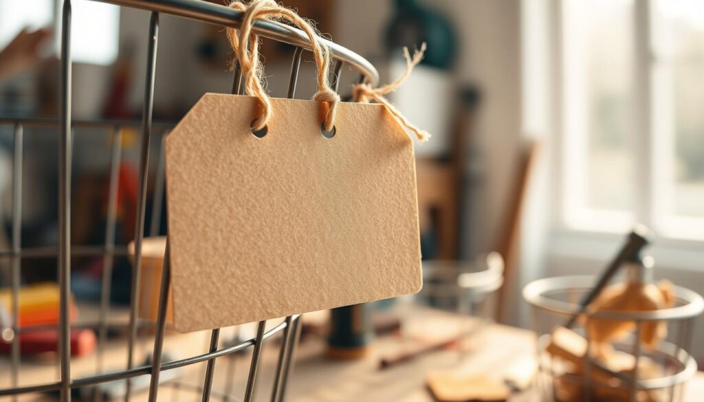 A close-up image of a hang tag label attached to a wire basket. The hang tag is made of textured kraft paper with a natural brown color and features a small, elegant string for attachment, fluttering slightly in a gentle breeze. The background is softly blurred, showcasing a workshop with tools and a few more wire baskets scattered around, creating an inviting crafting atmosphere. Natural sunlight filters through a nearby window, casting warm light over the scene. The focus is sharp on the hang tag, highlighting its clear, minimalist design, perfect for quick identification. The overall mood is calm and creative, emphasizing the idea of flexibility and simplicity in labeling. A close-up image of a hang tag label attached to a wire basket. The hang tag is made of textured kraft paper with a natural brown color and features a small, elegant string for attachment, fluttering slightly in a gentle breeze. The background is softly blurred, showcasing a workshop with tools and a few more wire baskets scattered around, creating an inviting crafting atmosphere. Natural sunlight filters through a nearby window, casting warm light over the scene. The focus is sharp on the hang tag, highlighting its clear, minimalist design, perfect for quick identification. The overall mood is calm and creative, emphasizing the idea of flexibility and simplicity in labeling.
