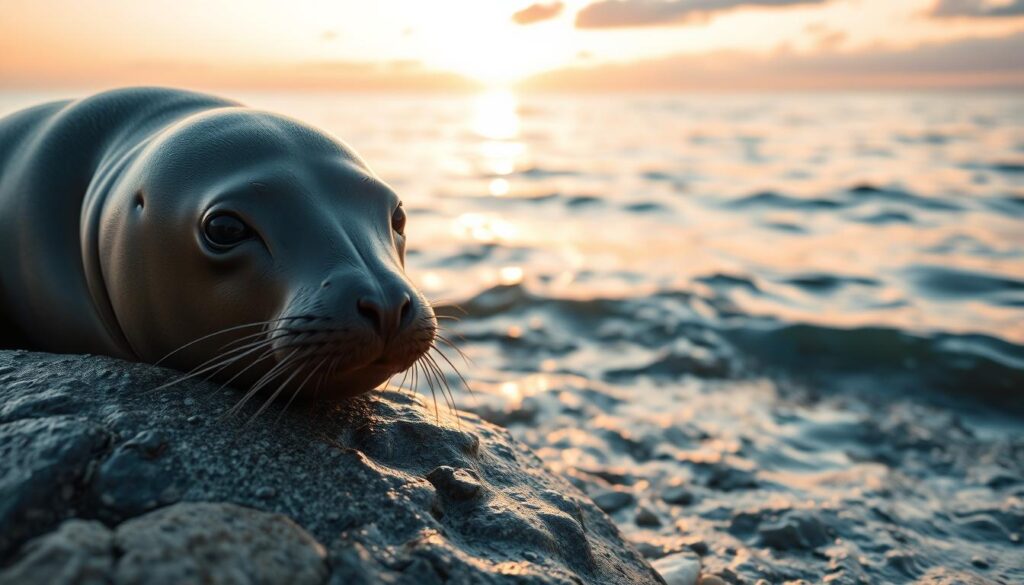 A close-up image of a smooth, rounded seal resting on a rock at the edge of a serene ocean, with sunlight glinting off its wet skin. The foreground features the seal in sharp focus, showcasing its expressive eyes and whiskers. In the middle ground, gentle waves lap at the rock, reflecting the soft golden light of sunset, enhancing the tranquil atmosphere. The background reveals a hint of the ocean horizon, with a pastel sky filled with soft pinks and oranges, suggesting a peaceful evening. The scene conveys a sense of calm and harmony, highlighting the importance of preserving freshness and quality in nature, analogous to why airtight storage matters for crunchy snacks. A close-up image of a smooth, rounded seal resting on a rock at the edge of a serene ocean, with sunlight glinting off its wet skin. The foreground features the seal in sharp focus, showcasing its expressive eyes and whiskers. In the middle ground, gentle waves lap at the rock, reflecting the soft golden light of sunset, enhancing the tranquil atmosphere. The background reveals a hint of the ocean horizon, with a pastel sky filled with soft pinks and oranges, suggesting a peaceful evening. The scene conveys a sense of calm and harmony, highlighting the importance of preserving freshness and quality in nature, analogous to why airtight storage matters for crunchy snacks.