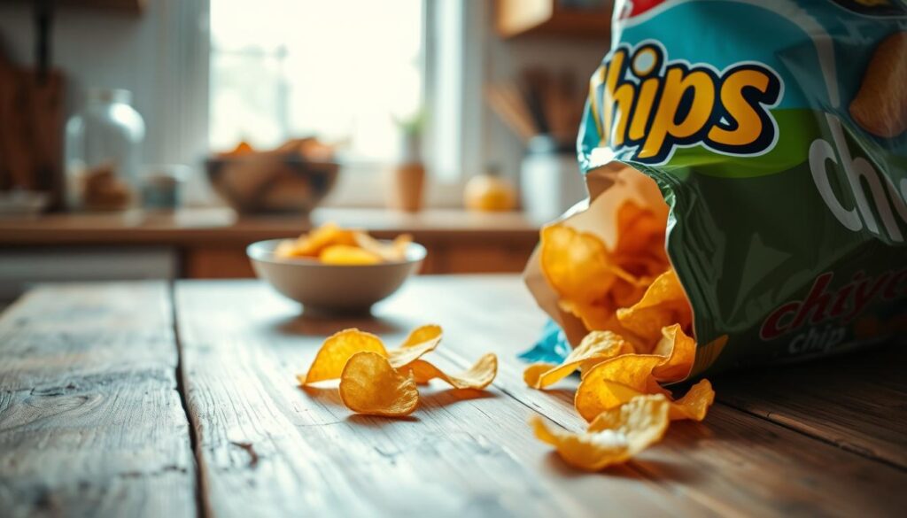 A close-up image of an open chip bag on a rustic wooden kitchen table, with a few vibrant, crispy potato chips spilling out. In the foreground, focus on the colorful, crinkled chip bag showcasing its brand and art. The middle ground features the crunchy chips, glistening with a hint of salt, emphasizing their freshness and texture. In the background, softly blurred kitchen elements like a bowl of snacks and an airtight container can be seen, creating a comfortable, homey atmosphere. The lighting is warm and natural, coming from a window, casting soft shadows that enhance the inviting kitchen vibe. The overall mood is casual and inviting, inviting the viewer to consider the topic of snack freshness.
