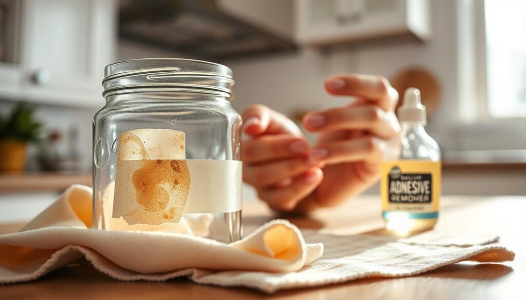 A close-up shot of a clear glass jar with a partially removed sticky label, showing the residue left behind. In the foreground, include a soft cloth and a small bottle of adhesive remover with droplets on the cap, suggesting recent use. In the middle ground, add a pair of hands gently rubbing the sticky area with the cloth, demonstrating the removal process. The background should feature a tidy, well-lit kitchen countertop with natural light streaming in from a nearby window, creating a warm and inviting atmosphere. Capture the scene from a slightly elevated angle to highlight the jar and cleaning supplies, enhancing the focus on the action of removing the residue.