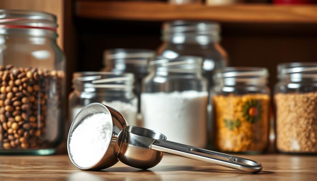A close-up shot of a measuring scoop beside various jars filled with different ingredients, illustrating the concept of scoop capacity. In the foreground, a shiny stainless steel measuring scoop is positioned, angled to reveal its depth and width. The middle ground features a variety of clear glass jars, each containing colorful ingredients like flour, sugar, and spices, showcasing their different capacities. The background is softly blurred to emphasize the foreground objects, with warm, natural lighting that creates a cozy kitchen atmosphere. The image should have a crisp, detailed focus, shot from a slightly elevated angle, evoking a sense of practicality and clarity perfect for selecting the right measuring scoop for jars.