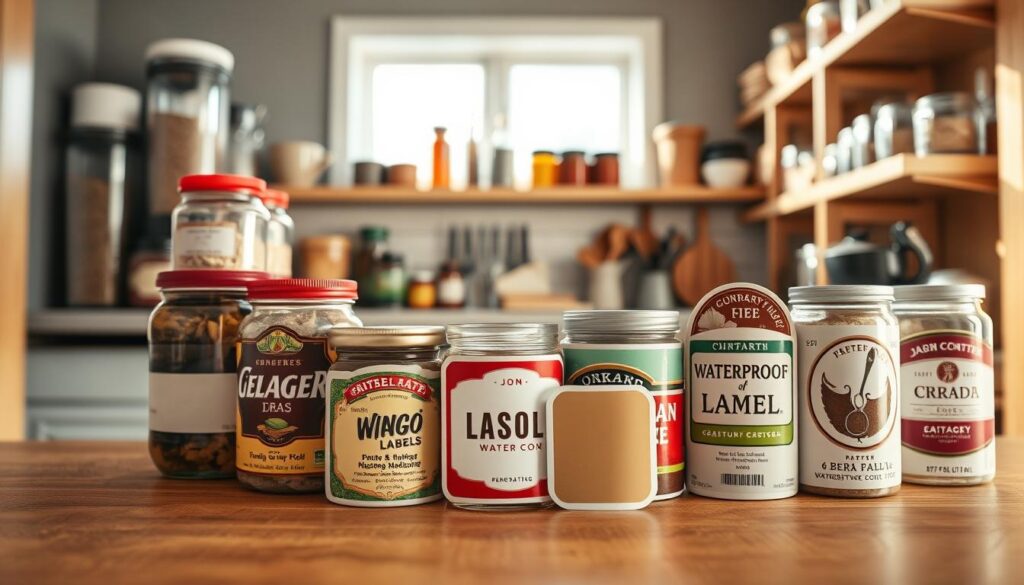 A close-up shot of a variety of waterproof labels arranged artistically on a wooden kitchen pantry shelf. The foreground features labels in different shapes and sizes, displaying vibrant colors and clear patterns that resist moisture and oils. The middle ground includes jars and containers in the pantry, suggesting organization and functionality. The background is softly blurred, showcasing shelves filled with dry ingredients and kitchen utensils. Natural light filters through a window, casting gentle shadows and creating a warm, inviting atmosphere. The image conveys a sense of practicality and durability, emphasizing the effectiveness of water-resistant labels in a busy kitchen environment.