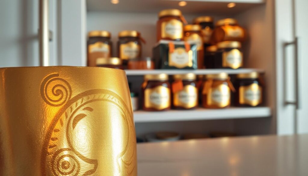 A close-up view of a beautifully crafted gold foil pantry label, featuring an elegant design with intricate patterns and a glossy finish. The foreground showcases the shimmering gold foil reflecting light, capturing its luxurious texture and sheen. In the middle, a neatly organized pantry shelf displays jars and containers, each with their own gold foil labels, enhancing the polished, cohesive appearance. The background is softly blurred, indicating a modern kitchen environment with warm, inviting lighting that gives off a cozy yet sophisticated atmosphere. The image is captured with a shallow depth of field to emphasize the labels while maintaining an overall sense of elegance and functionality in home organization. A close-up view of a beautifully crafted gold foil pantry label, featuring an elegant design with intricate patterns and a glossy finish. The foreground showcases the shimmering gold foil reflecting light, capturing its luxurious texture and sheen. In the middle, a neatly organized pantry shelf displays jars and containers, each with their own gold foil labels, enhancing the polished, cohesive appearance. The background is softly blurred, indicating a modern kitchen environment with warm, inviting lighting that gives off a cozy yet sophisticated atmosphere. The image is captured with a shallow depth of field to emphasize the labels while maintaining an overall sense of elegance and functionality in home organization.