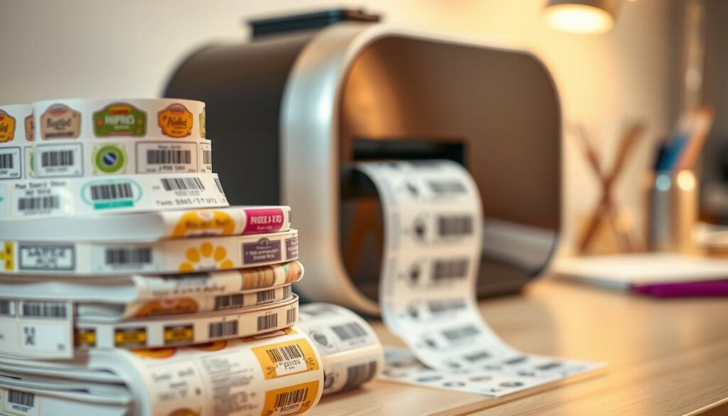 A close-up view of a stack of roll labels in various shapes and sizes, displaying colorful designs and clear, organized content. The foreground features a beautifully arranged selection of labels, showcasing labels for products like jars, bottles, and packages, each exhibiting unique patterns and information. In the middle ground, a sleek, modern label printer is partially visible, hinting at the customization process. The background is softly blurred to focus on the labels, infused with warm, natural lighting to create a welcoming atmosphere. A professional workspace can be hinted at with a minimalistic desk and some stationery tools. The mood is creative and productive, emphasizing the versatility and potential of roll labels for personalized branding.