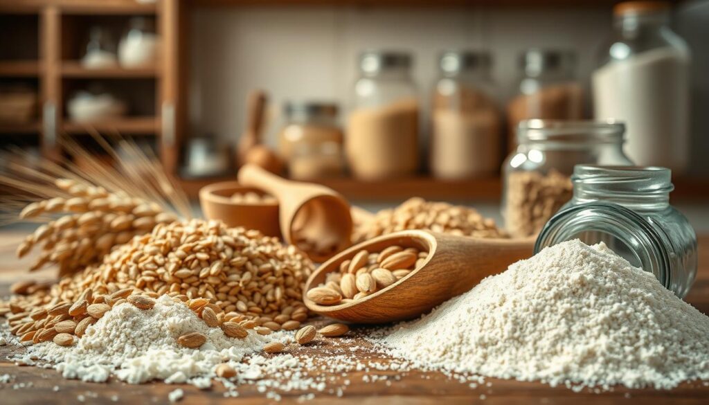 A close-up view of a variety of whole grains and specialty nut flours, artistically arranged on a rustic wooden table. In the foreground, detailed textures of whole wheat berries, brown rice, and almond flour showcase their unique colors and forms, glistening softly in diffuse, natural light. The middle ground features a wooden scoop filled with a blend of these flours, while a small glass jar with a lid sits nearby, suggesting proper storage. In the background, a softly blurred kitchen setting with shelves lined with clear containers of other flours and grains creates a warm, inviting atmosphere. The overall mood is calm and educational, emphasizing the importance of proper flour storage to prevent rancidity.