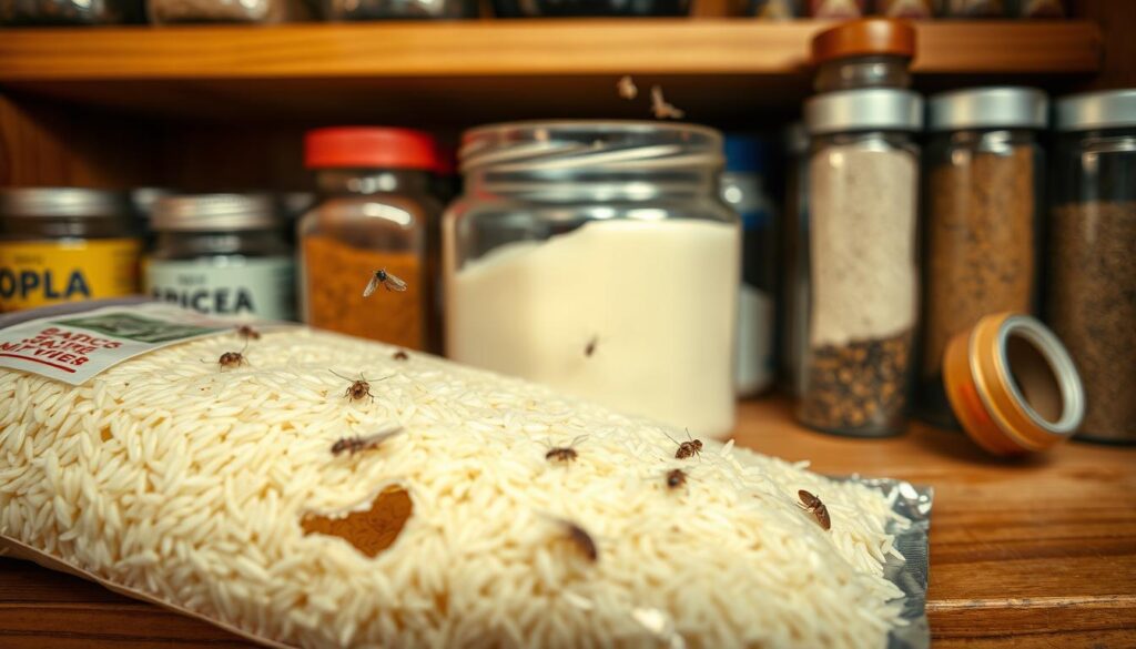 A close-up view of a wooden kitchen pantry shelf filled with various food items, showcasing early signs of pantry moths and weevils. In the foreground, focus on a packet of rice with tiny holes, some small larvae visibly crawling on the surface. In the middle ground, a jar of opened flour shows fine webbing around the lid and a few moths fluttering nearby. The background features neatly stacked containers of spices, with one container slightly ajar, hinting at infestation. Utilize soft, natural lighting that illuminates the texture of the wood and highlights the details of the pests. The overall atmosphere is slightly eerie yet informative, emphasizing the importance of early detection in a domestic setting. The angle should be slightly tilted to create a dynamic composition, inviting the viewer into the scene. A close-up view of a wooden kitchen pantry shelf filled with various food items, showcasing early signs of pantry moths and weevils. In the foreground, focus on a packet of rice with tiny holes, some small larvae visibly crawling on the surface. In the middle ground, a jar of opened flour shows fine webbing around the lid and a few moths fluttering nearby. The background features neatly stacked containers of spices, with one container slightly ajar, hinting at infestation. Utilize soft, natural lighting that illuminates the texture of the wood and highlights the details of the pests. The overall atmosphere is slightly eerie yet informative, emphasizing the importance of early detection in a domestic setting. The angle should be slightly tilted to create a dynamic composition, inviting the viewer into the scene.
