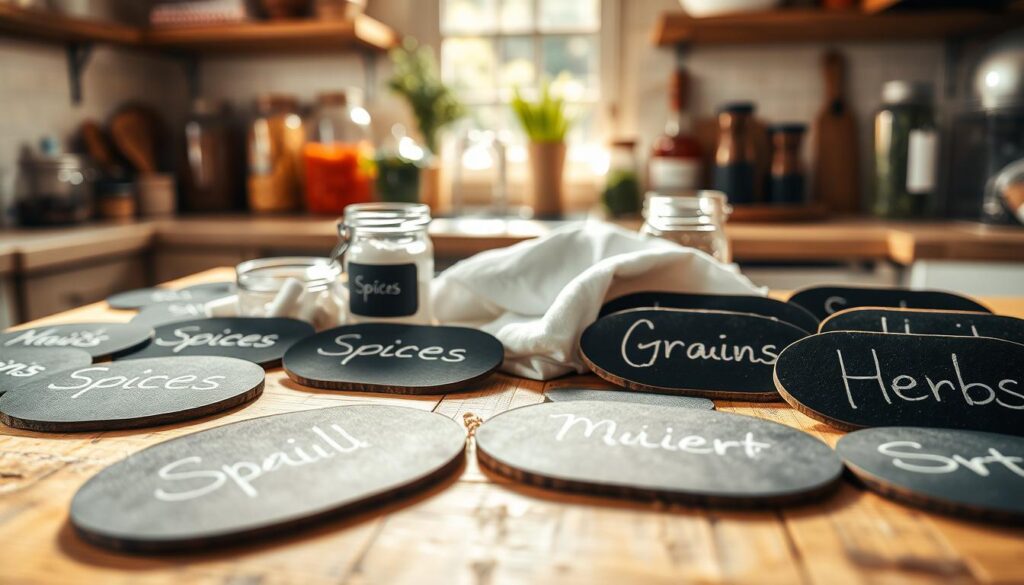 A close-up view of beautifully arranged chalkboard labels on a rustic wooden kitchen countertop. The foreground features an assortment of chalkboard labels in various shapes, like ovals and rectangles, each with a subtle chalk grain texture. The labels display elegantly handwritten names like “Spices,” “Grains,” and “Herbs,” inviting a personal touch. In the middle, a jar of white chalk and a soft cloth lie beside the labels, hinting at their usability. The background softly blurs out a cozy kitchen filled with sunlight, showcasing jars of ingredients and herbs, creating a warm, inviting atmosphere. Bright, natural lighting enhances the textures of the labels and emphasizes the eco-friendly aspect of the chalkboard material, evoking a sense of creativity and organization.