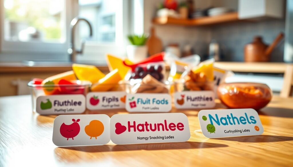 A close-up view of colorful, waterproof name labels designed for children's snacks, featuring playful icon-based designs such as fruits, animals, and fun shapes. In the foreground, several labels are displayed on a clean, wooden table, their glossy surfaces reflecting soft, natural light. The middle ground showcases a variety of snacks, neatly arranged and labeled, creating a vibrant and inviting scene. The background is softly blurred, suggesting a cozy kitchen environment with warm, pastel colors, enhancing the cheerful mood. The sunlight filters in through a nearby window, casting gentle shadows and creating a bright, friendly atmosphere perfect for young kids. No text or graphics are present, maintaining a focus on the labels' designs and their practical appeal. A close-up view of colorful, waterproof name labels designed for children's snacks, featuring playful icon-based designs such as fruits, animals, and fun shapes. In the foreground, several labels are displayed on a clean, wooden table, their glossy surfaces reflecting soft, natural light. The middle ground showcases a variety of snacks, neatly arranged and labeled, creating a vibrant and inviting scene. The background is softly blurred, suggesting a cozy kitchen environment with warm, pastel colors, enhancing the cheerful mood. The sunlight filters in through a nearby window, casting gentle shadows and creating a bright, friendly atmosphere perfect for young kids. No text or graphics are present, maintaining a focus on the labels' designs and their practical appeal.