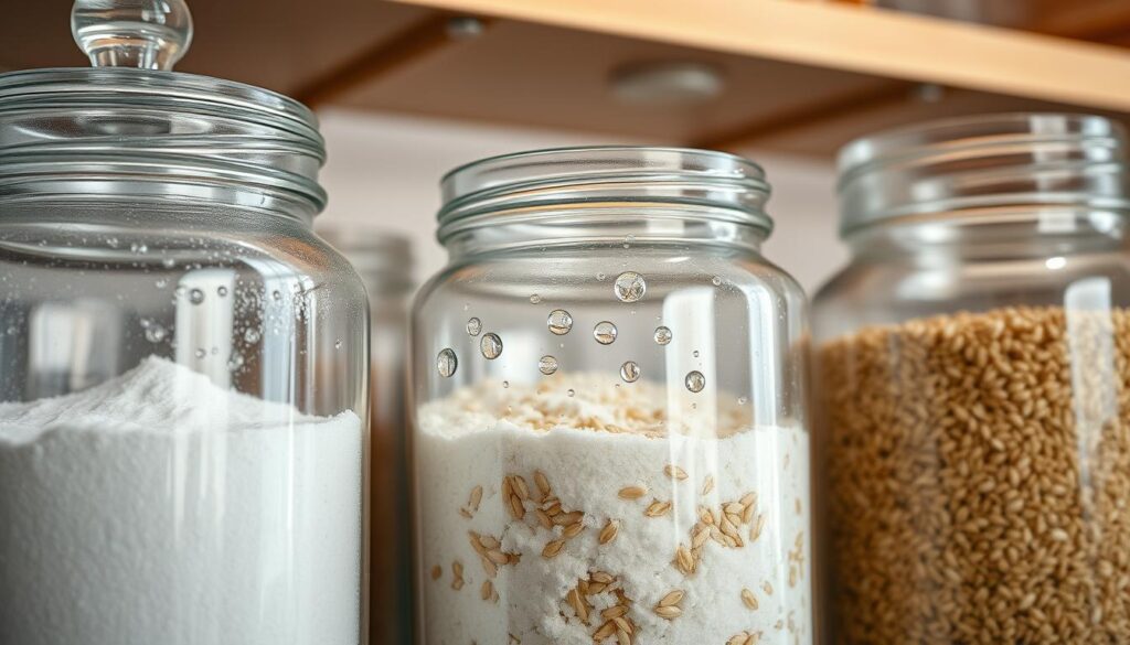 A close-up view of flour, sugar, and grains stored in clear, airtight containers, with visible condensation droplets forming on the insides, showcasing the detrimental effect of moisture. In the foreground, the crystal-clear jars depict fine sugar and soft flour, with grains like rice and quinoa peeking behind them. The background includes softly blurred pantry shelves with wooden accents and delicate lighting that gently illuminates the scene, highlighting the moisture's impact. The overall mood conveys a sense of urgency and concern for food quality, emphasizing the importance of proper storage. The composition is shot from a slightly elevated angle to capture the details of the containers and their contents, creating a thought-provoking visual narrative.