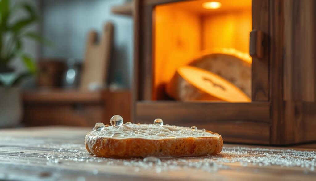 A close-up view of moisture condensation forming on a wooden surface, symbolizing humidity. In the foreground, delicate water droplets glisten on a piece of bread, showing the effects of moisture in a natural light setting. In the middle ground, a beautifully crafted wooden bread box is slightly ajar, with warm, golden light illuminating the bread inside. The background features a soft focus of a kitchen setting, with subtle shades of green and brown creating a serene atmosphere. The lighting is warm and inviting, emphasizing the contrast between the moist bread and the wooden box. Capture the mood of freshness and the delicate balance of humidity that affects bread quality.