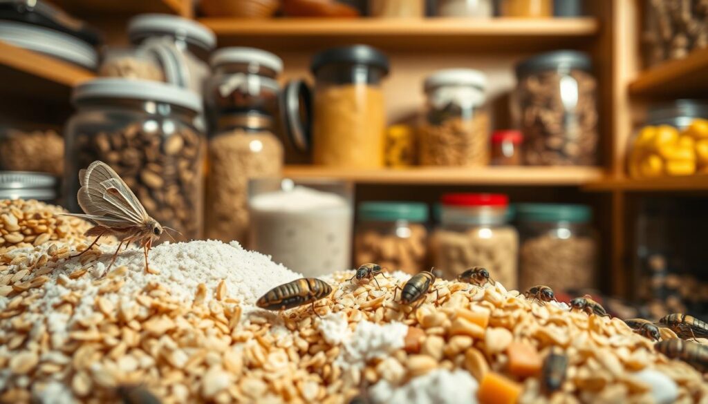A close-up view of pantry pests, specifically pantry moths and weevils, crawling on various pantry items like grains, flour, and dried fruits. In the foreground, highlight a few moths with delicate, intricate wing patterns and shiny weevils with curved bodies. In the middle ground, display an open, organized pantry filled with jars, containers, and food items showcasing signs of pest activity. The background features softly blurred wooden shelves, creating a homey kitchen feel. The lighting is warm and inviting, with soft shadows to enhance the textures of the pantry ingredients. The overall atmosphere conveys a sense of caution and awareness, emphasizing the need to prevent infestations naturally. A close-up view of pantry pests, specifically pantry moths and weevils, crawling on various pantry items like grains, flour, and dried fruits. In the foreground, highlight a few moths with delicate, intricate wing patterns and shiny weevils with curved bodies. In the middle ground, display an open, organized pantry filled with jars, containers, and food items showcasing signs of pest activity. The background features softly blurred wooden shelves, creating a homey kitchen feel. The lighting is warm and inviting, with soft shadows to enhance the textures of the pantry ingredients. The overall atmosphere conveys a sense of caution and awareness, emphasizing the need to prevent infestations naturally.