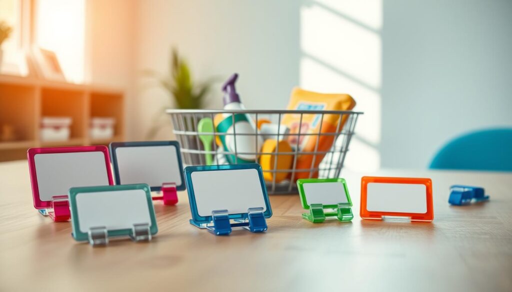 A close-up view of various clip-on label holders, designed to attach securely to wire baskets. The foreground features several colorful plastic holders displaying blank labels, arranged neatly on a sleek wooden surface. In the middle, a wire basket filled with assorted products sits, emphasizing practicality and functionality. The background features soft-focus elements like a light-colored wall and natural light streaming in from a window, casting gentle shadows that enhance the scene. The mood is clean and modern, reflecting an organized workspace. The lighting is bright yet warm, showcasing the vibrant colors of the label holders. The angle captures a slight overhead view, providing a clear look at both the label holders and the wire basket. The image maintains a professional aesthetic, suitable for an educational context. A close-up view of various clip-on label holders, designed to attach securely to wire baskets. The foreground features several colorful plastic holders displaying blank labels, arranged neatly on a sleek wooden surface. In the middle, a wire basket filled with assorted products sits, emphasizing practicality and functionality. The background features soft-focus elements like a light-colored wall and natural light streaming in from a window, casting gentle shadows that enhance the scene. The mood is clean and modern, reflecting an organized workspace. The lighting is bright yet warm, showcasing the vibrant colors of the label holders. The angle captures a slight overhead view, providing a clear look at both the label holders and the wire basket. The image maintains a professional aesthetic, suitable for an educational context.