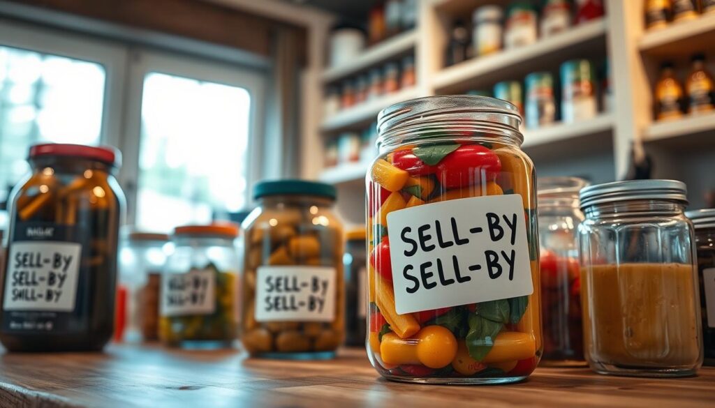 A close-up view of various food containers labeled with "sell-by dates" prominently displayed in a well-organized kitchen environment. In the foreground, different jars and bottles, including one with a bright, eye-catching “sell-by” label, rest on a wooden countertop. In the middle, a rustic kitchen setting features a window letting in soft, natural light that highlights the transparency of one jar filled with colorful food, emphasizing freshness. The background showcases lightly blurred shelves stocked with neatly arranged spices and canned goods. The atmosphere is warm and inviting, suggesting a homey kitchen dedicated to food preservation and organization, perfect for visually discussing the importance of tracking expiration dates.