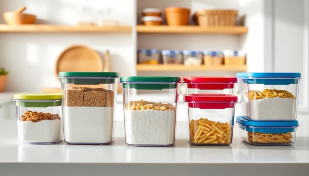 A collection of OXO Good Grips Pop Containers arranged on a clean, modern kitchen countertop. The containers are transparent, featuring sleek, minimalist designs with color-coded lids, showcasing their airtight seals. In the foreground, a few containers are open, displaying colorful ingredients like flour, sugar, and pasta inside. The middle ground includes additional containers neatly lined up, demonstrating different sizes. Soft, natural lighting illuminates the scene, casting gentle shadows and highlighting the containers' glossy surfaces. In the background, a blurred-out view of a well-organized pantry with wooden shelves adds depth, enhancing the focus on the pop containers. The overall mood is fresh, modern, and inviting, emphasizing functionality and quality. A collection of OXO Good Grips Pop Containers arranged on a clean, modern kitchen countertop. The containers are transparent, featuring sleek, minimalist designs with color-coded lids, showcasing their airtight seals. In the foreground, a few containers are open, displaying colorful ingredients like flour, sugar, and pasta inside. The middle ground includes additional containers neatly lined up, demonstrating different sizes. Soft, natural lighting illuminates the scene, casting gentle shadows and highlighting the containers' glossy surfaces. In the background, a blurred-out view of a well-organized pantry with wooden shelves adds depth, enhancing the focus on the pop containers. The overall mood is fresh, modern, and inviting, emphasizing functionality and quality.