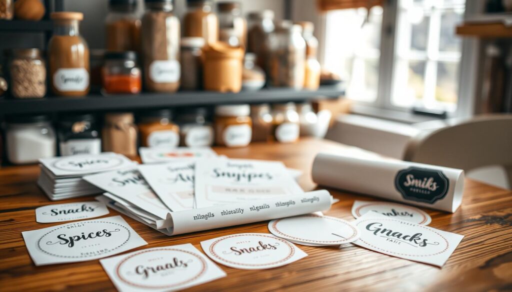 A collection of beautifully designed printable pantry labels laid out on a wooden table. In the foreground, various labels with elegant typography and colorful designs, featuring categories like "Spices," "Grains," and "Snacks." The middle section showcases a few label sheets neatly arranged, some partially rolled for a realistic look. The background is softly blurred, revealing a cozy, well-organized pantry with jars filled with grains and spices, creating a warm and inviting atmosphere. Natural light filters in from a nearby window, casting gentle shadows and adding a sense of tranquility. The overall mood is creative and organized, reflecting the joy of meal preparation and home organization. A collection of beautifully designed printable pantry labels laid out on a wooden table. In the foreground, various labels with elegant typography and colorful designs, featuring categories like "Spices," "Grains," and "Snacks." The middle section showcases a few label sheets neatly arranged, some partially rolled for a realistic look. The background is softly blurred, revealing a cozy, well-organized pantry with jars filled with grains and spices, creating a warm and inviting atmosphere. Natural light filters in from a nearby window, casting gentle shadows and adding a sense of tranquility. The overall mood is creative and organized, reflecting the joy of meal preparation and home organization.