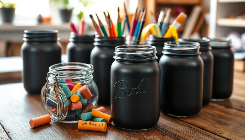 A collection of mason jars arranged on a rustic wooden table, showcasing a smooth, matte black chalkboard paint finish. In the foreground, three jars with meticulously painted surfaces catch the soft, natural light, emphasizing their texture. One jar is open, revealing colorful chalkpieces scattered around, while another has a handwritten label for visual interest. In the middle, a few jars are filled with vibrant craft supplies like paintbrushes and colorful ribbons, hinting at creativity. The background features a blurred outworkshop setting with a hint of greenery peeking in through a window, enhancing the inviting atmosphere. The image conveys a warm, DIY spirit, inviting viewers to engage in their own creative projects. The lighting is soft and warm, with a focus on highlighting the matte finish of the jars.