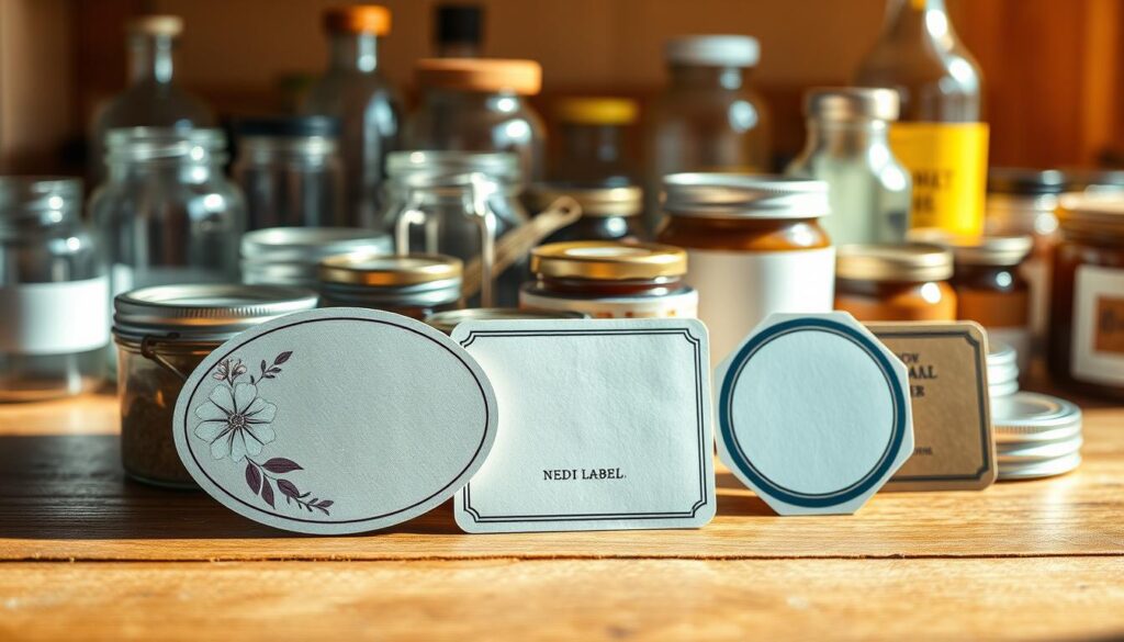 A collection of various label shapes arranged on a wooden table, showcasing diverse styles that match different container types. In the foreground, feature an elegant oval label with floral designs, alongside a rectangular label with sleek modern graphics. The middle ground should include circular and square labels that suggest versatility and creativity. Soft, natural lighting illuminates the scene, casting gentle shadows that highlight texture and detail. In the background, out of focus, display various containers like glass jars, tin cans, and bottles, hinting at the connection between label shapes and container styles. The overall atmosphere is warm and inviting, evoking a sense of creativity and professionalism, perfect for a design-oriented context.