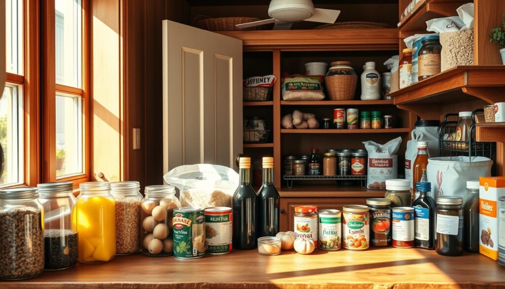 A colorful assortment of essential pantry ingredients neatly organized on wooden shelves in a cozy kitchen. In the foreground, jars of dried herbs and spices, bags of grains like quinoa and rice, and baskets of root vegetables such as potatoes and garlic. In the middle ground, there are canned goods and oils displayed on a rustic countertop, with light streaming in through a window, creating warm highlights on the surface. In the background, an open pantry door reveals additional ingredients, such as canned tomatoes and flour, creating a sense of depth. The atmosphere is inviting and focused, perfect for a quick inventory, emphasizing a neat and well-stocked pantry setting with a soft, natural light.