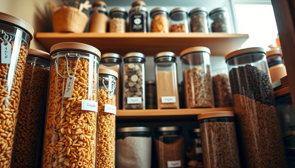 A cozy and organized kitchen pantry featuring clear containers filled with various dry foods such as pasta, grains, and snacks. The foreground showcases tall, elegant glass containers with wooden lids, filled with colorful ingredients, and neatly labeled with minimalistic tags. In the middle, a wooden shelf holds containers in varying heights, creating a visually appealing display. The background shows soft, ambient lighting filtering in through a nearby window, casting gentle shadows across the shelves. The overall atmosphere is warm and inviting, promoting a sense of tidiness and order. The angle captures both depth and clarity, emphasizing the organized arrangement while showcasing the beauty of the clear containers. A cozy and organized kitchen pantry featuring clear containers filled with various dry foods such as pasta, grains, and snacks. The foreground showcases tall, elegant glass containers with wooden lids, filled with colorful ingredients, and neatly labeled with minimalistic tags. In the middle, a wooden shelf holds containers in varying heights, creating a visually appealing display. The background shows soft, ambient lighting filtering in through a nearby window, casting gentle shadows across the shelves. The overall atmosphere is warm and inviting, promoting a sense of tidiness and order. The angle captures both depth and clarity, emphasizing the organized arrangement while showcasing the beauty of the clear containers.