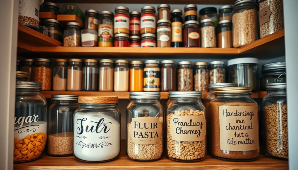 A cozy and organized kitchen pantry filled with neatly arranged jars and containers. In the foreground, there are beautifully designed custom vinyl decals on various glass jars, showcasing the contents like "Sugar," "Flour," and "Pasta," with elegant script and decorative elements. Next to the vinyl decals, a few jars feature charming, handwritten labels crafted on rustic brown kraft paper, offering a warm touch. The middle layer captures a wooden shelf adorned with an assortment of colorful spices and grains in clear containers, with both labeling styles visible. The background is softly blurred, revealing shelves of canned goods and a warm, inviting light illuminating the space, creating a homey atmosphere. The scene is captured from a slightly angled top-down perspective to highlight the contrast between the sleek vinyl and the warm handwritten labels. A cozy and organized kitchen pantry filled with neatly arranged jars and containers. In the foreground, there are beautifully designed custom vinyl decals on various glass jars, showcasing the contents like "Sugar," "Flour," and "Pasta," with elegant script and decorative elements. Next to the vinyl decals, a few jars feature charming, handwritten labels crafted on rustic brown kraft paper, offering a warm touch. The middle layer captures a wooden shelf adorned with an assortment of colorful spices and grains in clear containers, with both labeling styles visible. The background is softly blurred, revealing shelves of canned goods and a warm, inviting light illuminating the space, creating a homey atmosphere. The scene is captured from a slightly angled top-down perspective to highlight the contrast between the sleek vinyl and the warm handwritten labels.