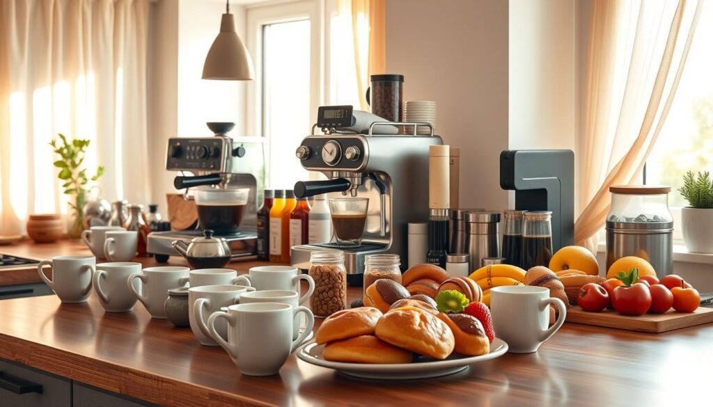 A cozy coffee station set in a bright kitchen, featuring a gleaming espresso machine with steaming coffee cups, artisan coffee beans in glass jars, and a selection of flavored syrups. In the foreground, a modern wooden countertop displays neatly arranged mugs and a variety of creamers. The middle ground includes a vibrant selection of pastries and fresh fruit, providing a colorful contrast against the dark browns of the coffee. The background features soft morning sunlight streaming through a window adorned with sheer curtains, illuminating the warm wood tones and creating a welcoming atmosphere. The overall mood is inviting and relaxed, perfect for leisurely mornings. The scene should be captured from a slightly elevated angle to showcase the full spread of the breakfast station, emphasizing both the functionality and aesthetics of the setup.