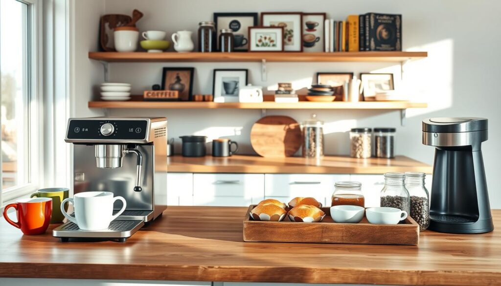 A cozy coffee station set up in a bright, inviting kitchen. In the foreground, a polished wooden countertop holds a sleek espresso machine, a French press, and an assortment of colorful mugs. To the right, a modern coffee grinder and jars filled with various coffee beans create a visual appeal. In the middle, a rustic wooden tray displays fresh pastries and sugar bowls. The background features open shelves adorned with coffee-themed decor, including framed art and cookbooks, adding warmth and personality. Natural sunlight streams in through a nearby window, casting gentle shadows, creating a relaxed yet sophisticated atmosphere. The scene captures an ideal breakfast station, perfectly suited for a variety of kitchen layouts, inviting viewers to envision their own morning rituals.