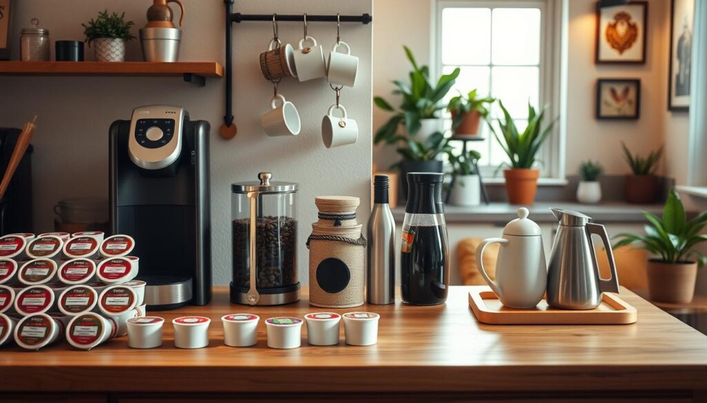 A cozy home coffee bar setup, designed for ultimate functionality and style. In the foreground, an elegant wooden countertop showcases an array of coffee pods neatly organized in small, labeled containers, alongside a stylish coffee maker and a sleek, modern kettle. The middle ground features a decorative coffee canister filled with fresh beans, a bottle of flavored syrup, and a set of beautifully crafted mugs suspended on a wall-mounted rack. The background includes a softly lit kitchen nook with warm, ambient light filtering through a nearby window, highlighting potted plants and artful wall decor. The overall atmosphere is inviting and serene, perfect for a relaxing coffee experience. Capture this scene with a soft focus lens for a warm, intimate feel. A cozy home coffee bar setup, designed for ultimate functionality and style. In the foreground, an elegant wooden countertop showcases an array of coffee pods neatly organized in small, labeled containers, alongside a stylish coffee maker and a sleek, modern kettle. The middle ground features a decorative coffee canister filled with fresh beans, a bottle of flavored syrup, and a set of beautifully crafted mugs suspended on a wall-mounted rack. The background includes a softly lit kitchen nook with warm, ambient light filtering through a nearby window, highlighting potted plants and artful wall decor. The overall atmosphere is inviting and serene, perfect for a relaxing coffee experience. Capture this scene with a soft focus lens for a warm, intimate feel.