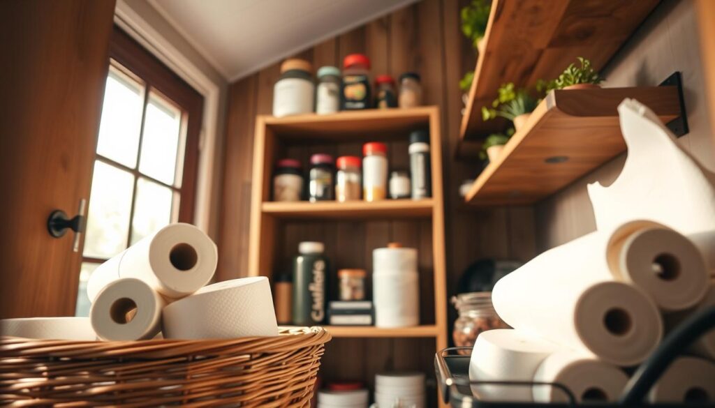 A cozy, organized small pantry interior, emphasizing practical storage solutions for paper towels and napkins. In the foreground, neatly stacked rolls of paper towels and colorful napkins are arranged in a stylish wicker basket. The middle layer showcases a compact shelving unit with additional kitchen supplies, strategically placed for accessibility, with jars holding spices and a few decorative items. The background features soft, warm lighting filtering through a window, illuminating the wooden shelves adorned with small potted herbs. The atmosphere is inviting and efficient, reflecting a well-planned space that maximizes utility while maintaining a charming aesthetic. The angle is slightly angled, giving depth to the composition, with a focus on clarity and organization.