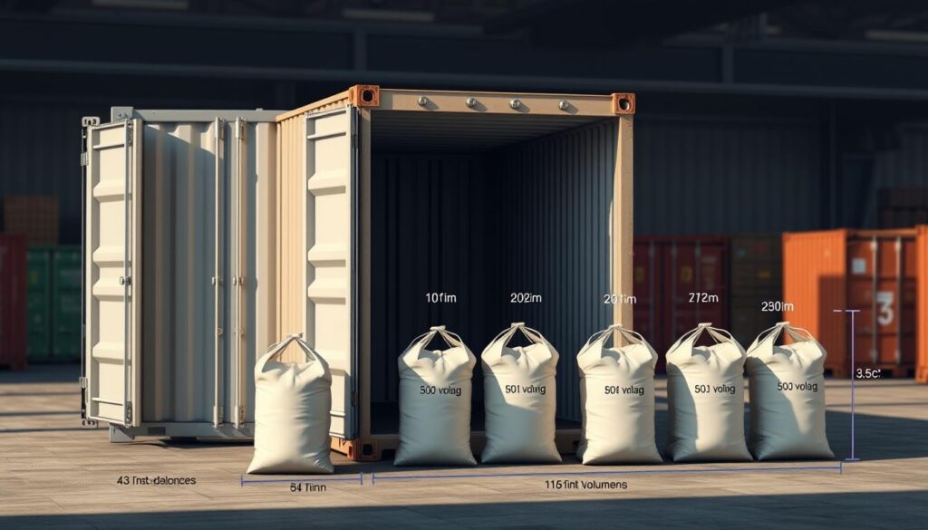 A detailed illustration showcasing a shipping container and its dimensions, designed specifically to highlight the relationship between container sizes and standard bag volumes. In the foreground, a large, open shipping container is displayed prominently, with its dimensions clearly marked in a technical style. In the middle ground, different bag sizes are placed beside the container to demonstrate fitting options, each labeled with their respective volumes. The background features a shipping yard with pallets and other containers, creating an industrial atmosphere. Soft, natural lighting enhances the scene, while a slight aerial perspective captures the container’s scale effectively. The overall mood conveys precision and professionalism, suitable for a logistics context. No text or watermarks are present.