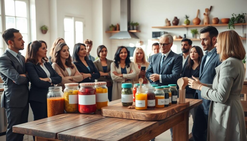 A diverse and engaged audience in a modern kitchen setting, showcasing individuals of various backgrounds, including a thoughtful group of three to five adults in professional business attire, attentively observing as one person demonstrates effective labeling techniques. In the foreground, a rustic wooden table displays colorful, neatly labeled kitchen jars and utensils. The middle ground features an open kitchen space with bright, natural light streaming through large windows, casting soft shadows that enhance the warm atmosphere. The background consists of tasteful kitchen decorations and plants, creating an inviting and organized environment. The overall mood is one of collaboration and learning, emphasizing the importance of audience and use-case in labeling.