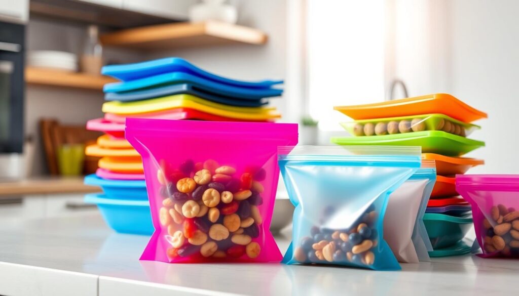 A kitchen countertop filled with an array of colorful silicone food storage bags in various sizes, showcasing their versatility. In the foreground, focus on a clear and vibrant silicone bag filled with assorted snacks like nuts and dried fruits, emphasizing its transparency. In the middle, display a neatly organized stack of silicone bags, some closed and others slightly open to reveal their contents, creating an inviting sense of variety. In the background, arrange a clean and airy kitchen setting with soft natural light streaming through a window, enhancing the freshness of the scene. Use a soft focus on the background while keeping the silicone bags in sharp detail, evoking a mood of organization and practicality perfect for pantry use.