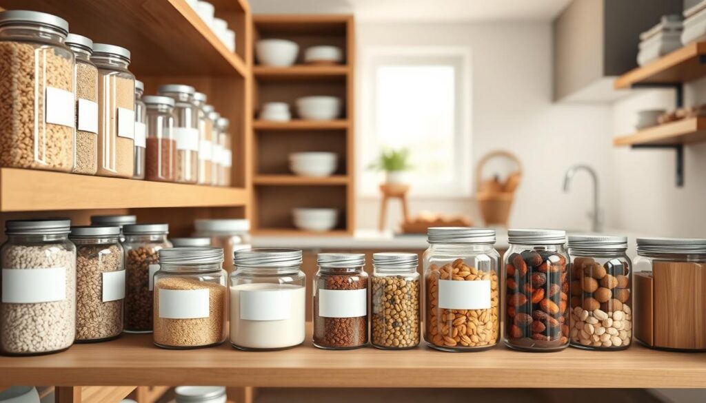 A minimalist modern pantry featuring sleek, white pantry labels on various jars and containers. The foreground showcases glass jars filled with grains, spices, and dried fruits, all elegantly arranged on wooden shelves. In the middle, focus on the labels: crisp, rectangular, and elegantly styled, using a simple black font against a white background, enhancing the clean aesthetic. The background reveals softly blurred kitchen elements like a contemporary countertop and natural light filtering in through a window, casting a warm glow over the scene. The atmosphere is serene and organized, evoking a sense of calm and sophistication, ideal for modern living. The image should be bright, emphasizing cleanliness and order without any text, overlays, or distractions.