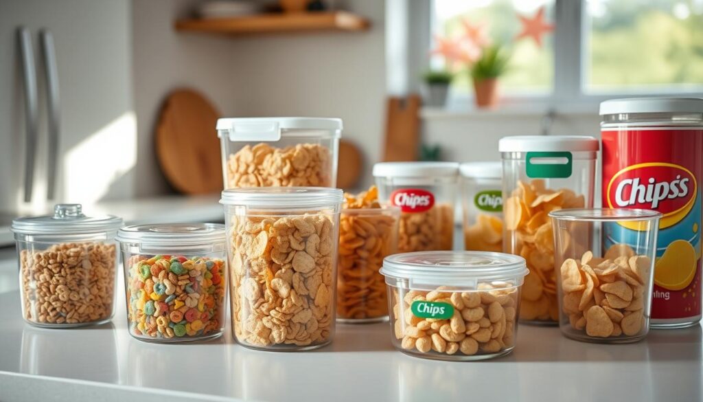 A modern kitchen counter featuring an array of various food storage containers specifically designed for preserving cereal and chips. In the foreground, display a few transparent glass containers with airtight lids, some filled with colorful cereals and others with crunchy chips, showcasing their inviting textures and colors. In the middle ground, include additional plastic containers of different sizes, adorned with vibrant labels, positioned neatly. The background should feature a soft-focus view of a cozy kitchen scene, with natural light streaming in through a window, casting gentle shadows. Emphasize a clean and organized atmosphere, evoking a sense of order and freshness. Opt for a slight overhead angle to capture both detail and depth in the arrangement. A modern kitchen counter featuring an array of various food storage containers specifically designed for preserving cereal and chips. In the foreground, display a few transparent glass containers with airtight lids, some filled with colorful cereals and others with crunchy chips, showcasing their inviting textures and colors. In the middle ground, include additional plastic containers of different sizes, adorned with vibrant labels, positioned neatly. The background should feature a soft-focus view of a cozy kitchen scene, with natural light streaming in through a window, casting gentle shadows. Emphasize a clean and organized atmosphere, evoking a sense of order and freshness. Opt for a slight overhead angle to capture both detail and depth in the arrangement.