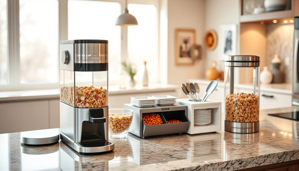 A modern kitchen countertop featuring an array of stylish cereal dispensers, showcasing different designs and storage functionalities. In the foreground, highlight a sleek, transparent dispenser with portion control, alongside an elegant glass container filled with colorful cereals. The middle ground includes a polished granite countertop with minimalistic storage solutions for convenience, accentuated by a few bowls and utensils neatly arranged. The background features a warm, inviting breakfast nook bathed in natural light, with soft hues and contemporary decorations, creating a cozy atmosphere. Use soft, diffused lighting to enhance the overall aesthetic, captured from a slightly elevated angle to emphasize the countertop layout and design elements.