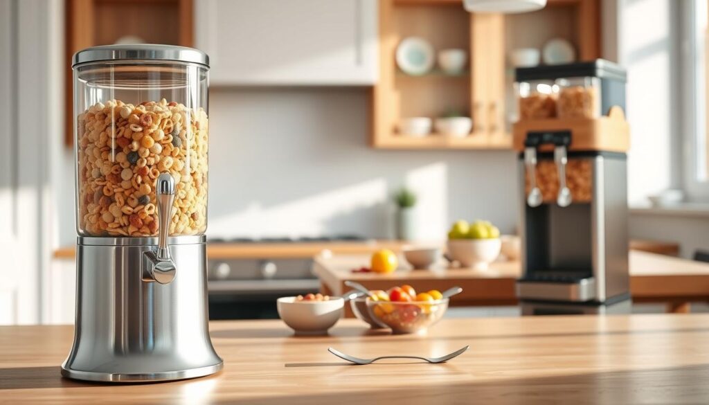 A modern kitchen scene features a sleek manual cereal dispenser prominently in the foreground, with a polished chrome lever and clear acrylic containers filled with colorful cereal varieties. On the right, a contemporary countertop cereal dispenser stands beside it, showcasing a dual chamber design with an automatic pouring mechanism. In the middle ground, a sunny breakfast nook with a wooden table is adorned with bowls, spoons, and a splash of fresh fruit. The background includes soft-focus cabinetry and light streaming through a window, creating a warm, inviting atmosphere. The image is bright and cheerful, evoking a sense of family togetherness and daily routine. The angle is slightly elevated, capturing all elements harmoniously while excluding any text or branding.