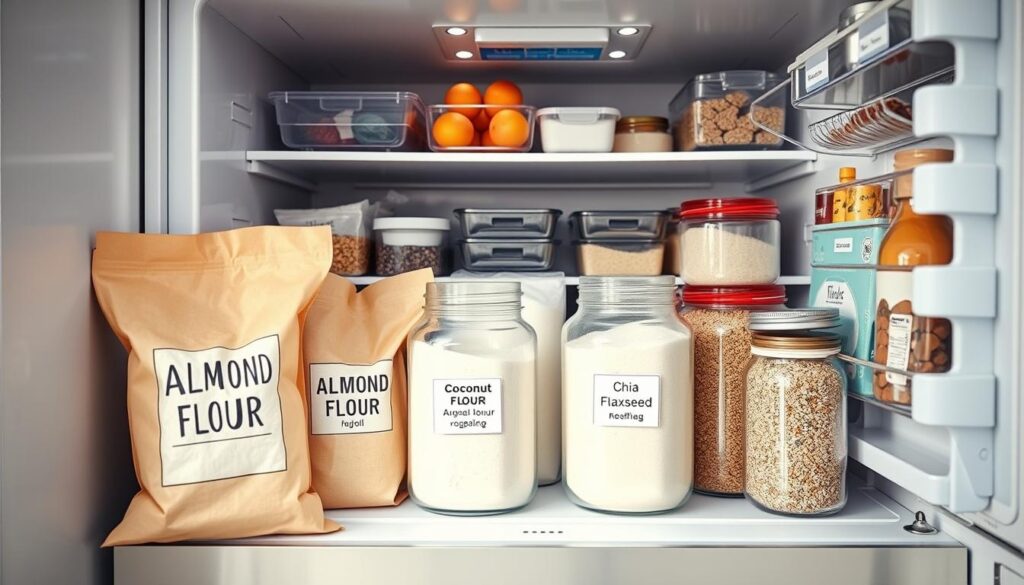 A modern kitchen scene featuring a sleek, open freezer filled with various specialty and nut flours in clear, labeled containers. In the foreground, show a couple of bags of almond flour and coconut flour, neatly placed beside a few glass jars containing chia seeds and ground flaxseed. The middle section highlights the freezer's organized shelves, showcasing the diverse range of flours, along with ice cube trays and a few frozen fruits in the background. The lighting is soft and natural, giving a warm and inviting atmosphere. The perspective is slightly angled from above, capturing the neat arrangement inside the freezer, suggesting a practical and efficient storage solution. The overall mood is fresh, clean, and conducive to healthy living.