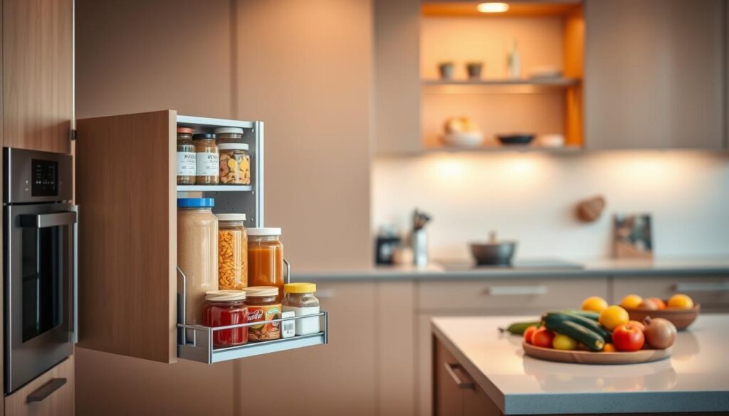 A modern, organized kitchen featuring a beautifully designed pull-out pantry shelf system. In the foreground, showcase a partially opened pull-out shelf filled with neatly arranged jars, spices, and canned goods for easy access. The middle ground should display a sleek kitchen counter with fresh ingredients, like fruits and vegetables, complementing the pantry's functionality. In the background, a stylish cabinetry system adds depth, illuminated by warm, inviting light. The atmosphere should feel tidy and efficient, emphasizing daily convenience. Use soft, natural lighting to create an inviting ambiance, captured from a slightly elevated angle to highlight the ease of access and organization that pull-out pantry shelves provide.