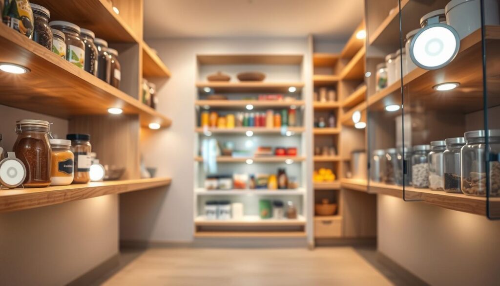 A modern pantry featuring a variety of wireless LED puck lights installed on the underside of sleek, minimalist shelves, illuminating an array of pantry items like jars, spices, and canned goods. The foreground showcases a close-up view of bright, circular lights with a warm glow, casting soft shadows and enhancing the textures of wood and glass. In the middle ground, neatly organized pantry shelves display food items that are clearly visible under the effective lighting. The background highlights the pantry's stylish, contemporary design with neutral-colored walls and a smooth floor. The overall atmosphere is inviting and functional, radiating a sense of warmth and accessibility, with a focus on the practicality of wireless lighting solutions in everyday spaces. Capture the scene from a slight upward angle to emphasize the lights' placement.
