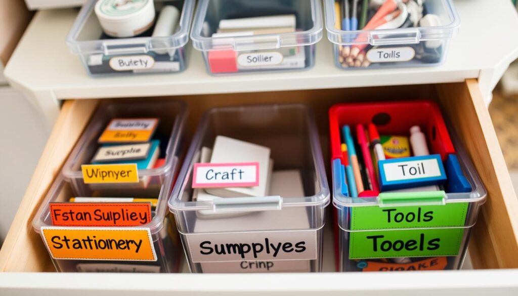 A neatly organized drawer filled with labeled containers for quick identification, showcasing various labels such as "Stationery," "Craft Supplies," and "Tools." In the foreground, vibrant labels are prominently displayed on clear bins, enhancing visibility. The middle features an open drawer, revealing a well-structured interior with different colored bins, each designed for ease of access. The background is softly blurred, hinting at a well-ordered home office or workspace setting. Soft, natural lighting illuminates the scene, creating a warm and inviting atmosphere. The angle is slightly overhead, allowing a clear view of the organized contents, emphasizing the efficiency and time-saving benefits of proper labeling.