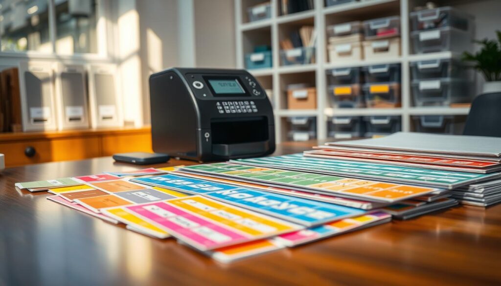 A neatly organized office space featuring a collection of vibrant file folder labels spread out on a polished wooden desk. In the foreground, a close-up of various colorful labels, neatly arranged in clear plastic storage sleeves, showcasing different sizes and colors, emphasizing organization. In the middle ground, a state-of-the-art label maker stands ready for use, with its display illuminated, in a way that suggests efficiency and convenience. The background includes a softly lit shelf filled with additional storage containers, creating a warm and inviting atmosphere. Natural light streams in through a nearby window, casting gentle shadows and enhancing the sense of order. The overall mood is one of productivity and ease, perfect for quick updates and efficient organization. Please ensure there are no text overlays or distractions in the image.