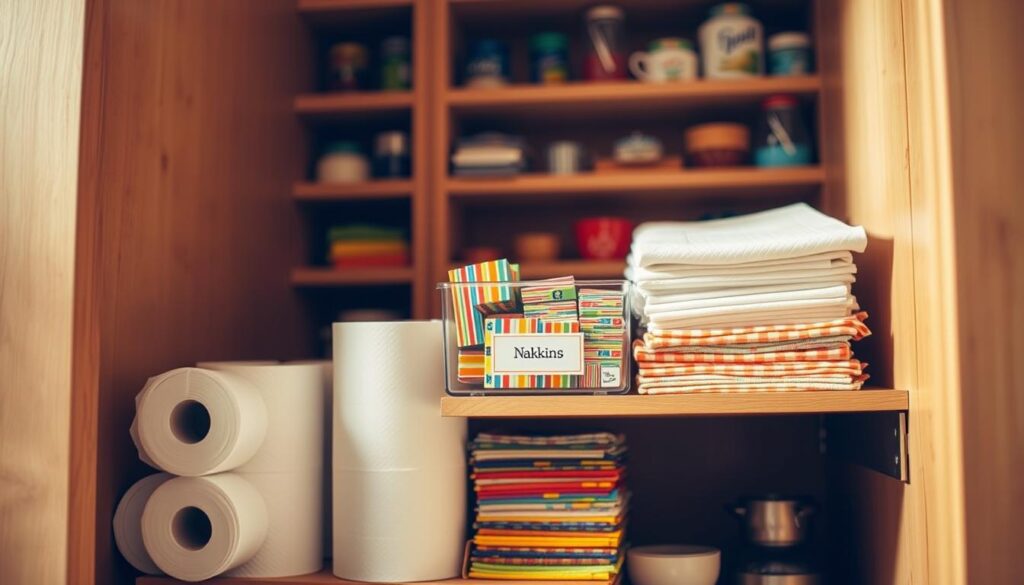 A neatly organized small pantry shelf showcasing an efficient storage solution for paper towels and napkins. In the foreground, there are neatly rolled paper towels stacked vertically, with colorful napkins folded and arranged beside them. The middle section features a clear, labeled container holding smaller packs of napkins, displaying a variety of patterns and colors. The background is softly blurred, revealing wooden shelves filled with other pantry items, creating a cozy and functional atmosphere. The lighting is warm and inviting, emulating natural daylight to highlight the textures of the paper products. The angle is from slightly above, giving a top-down view that emphasizes organization and accessibility, conveying a sense of calm and order in a small space.