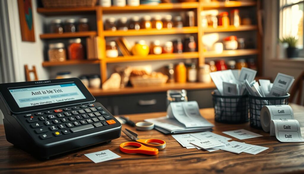 A neatly organized workspace featuring a variety of label makers in action. In the foreground, showcase a high-quality label maker, its display illuminated, an array of printed labels beside it, displaying different fonts and colors. In the middle, introduce a rustic wooden table with essential supplies like scissors, adhesive tape, and a container filled with blank label sheets, emphasizing practical home use. In the background, softly blurred pantry shelves filled with neatly organized jars and containers, creating an inviting atmosphere. The lighting is warm and natural, filtering through a nearby window, enhancing the cozy and productive mood. Use a shallow depth of field to focus on the label maker, capturing its intricate details and operation.