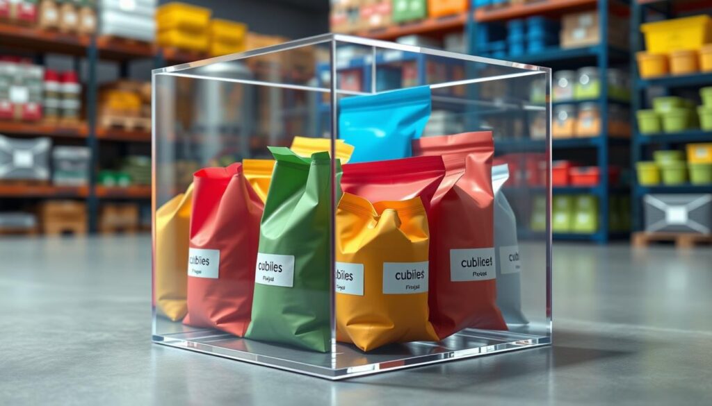 A realistic 3D rendering of cubic feet represented as a transparent acrylic cube filled with various standard-sized bags, such as storage bags and packaging bags, in vibrant colors. In the foreground, focus on the cube's edges, showcasing the transparency and reflections created by soft, diffused lighting. The middle ground features an array of bags neatly arranged to highlight their volume, each labeled subtly with measurements in cubic feet. In the background, a blurred stock room setting can be seen, filled with shelves stacked with various containers. The overall mood should be professional and educational, with good lighting that emphasizes clarity and structure, shot from a slightly elevated angle to capture the three-dimensionality of the cube and its contents.